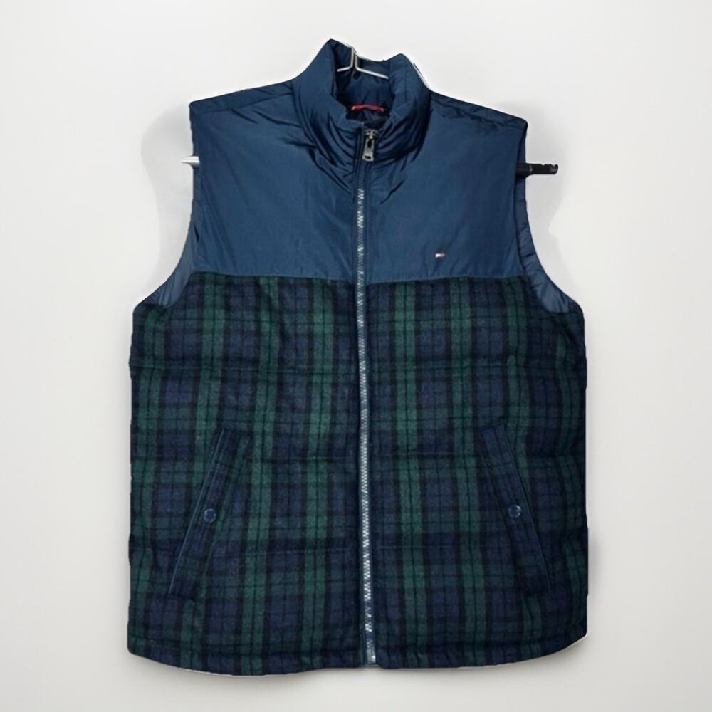 Tommy Hilfiger Large Down Wool Navy Blue Green Tartan Plaid Vest Sleeveless‎ Zip